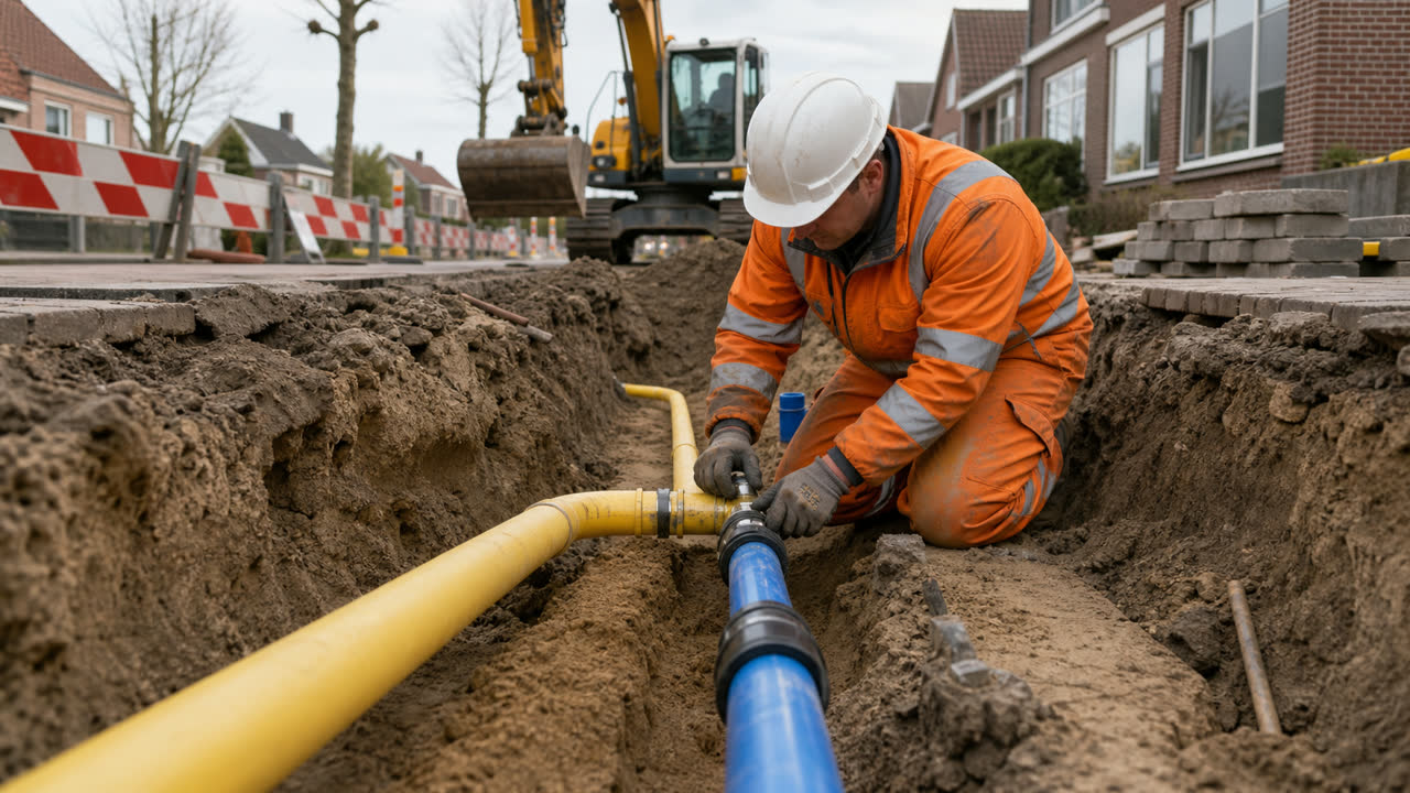 Monteur werkt aan gas- en waterleidingen in een sleuf in een woonstraat